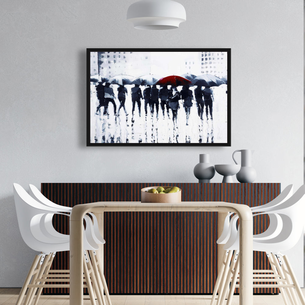 Silhouettes Walking in Rain - Blue Bedroom Framed Canvas Decor