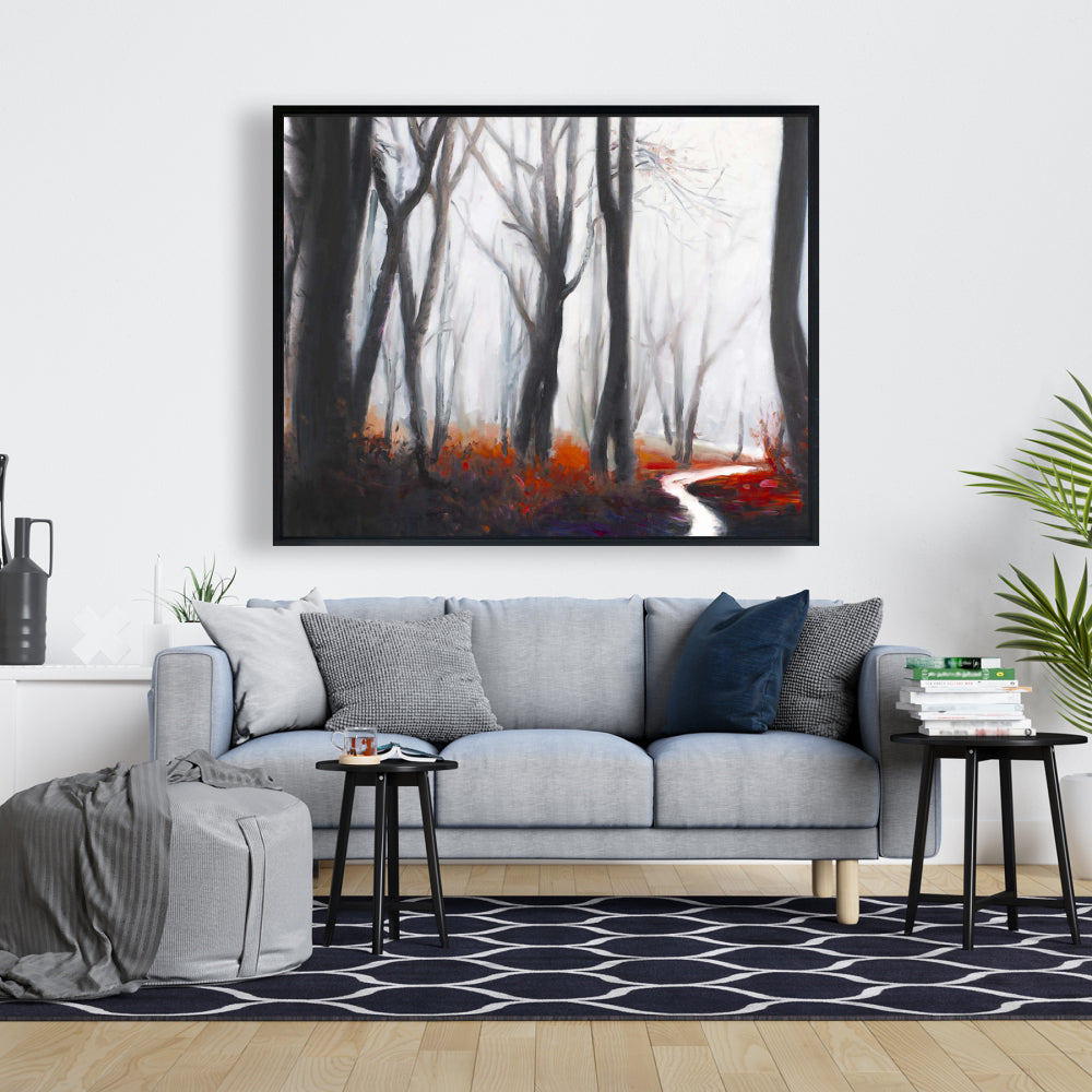Mysterious Forest Stream Canvas | Gray Framed Trees Bedroom Decor
