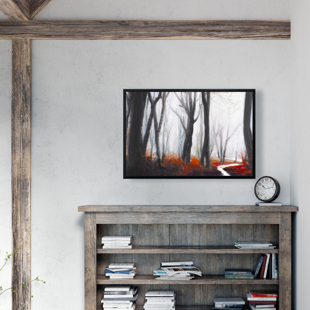 Mysterious Forest Stream Canvas | Gray Framed Trees Bedroom Decor