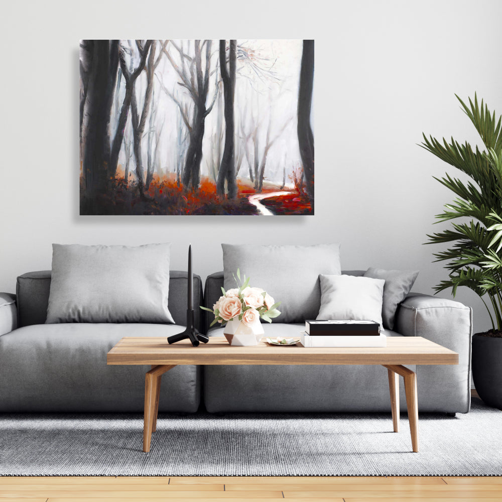 Mysterious Forest Stream Gray Canvas - Trees Bedroom Decor