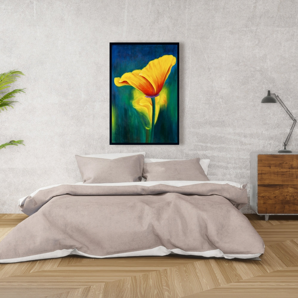 Superbe toile encadrée bleue à fleurs contrastées - Décoration de chambre