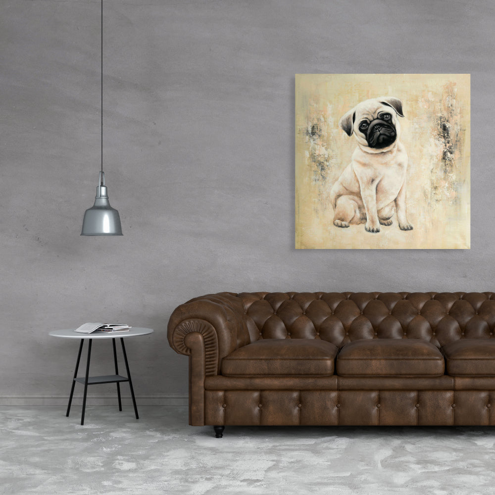 Small Pug Dog Beige Canvas | Contemporary Animal Wall Art
