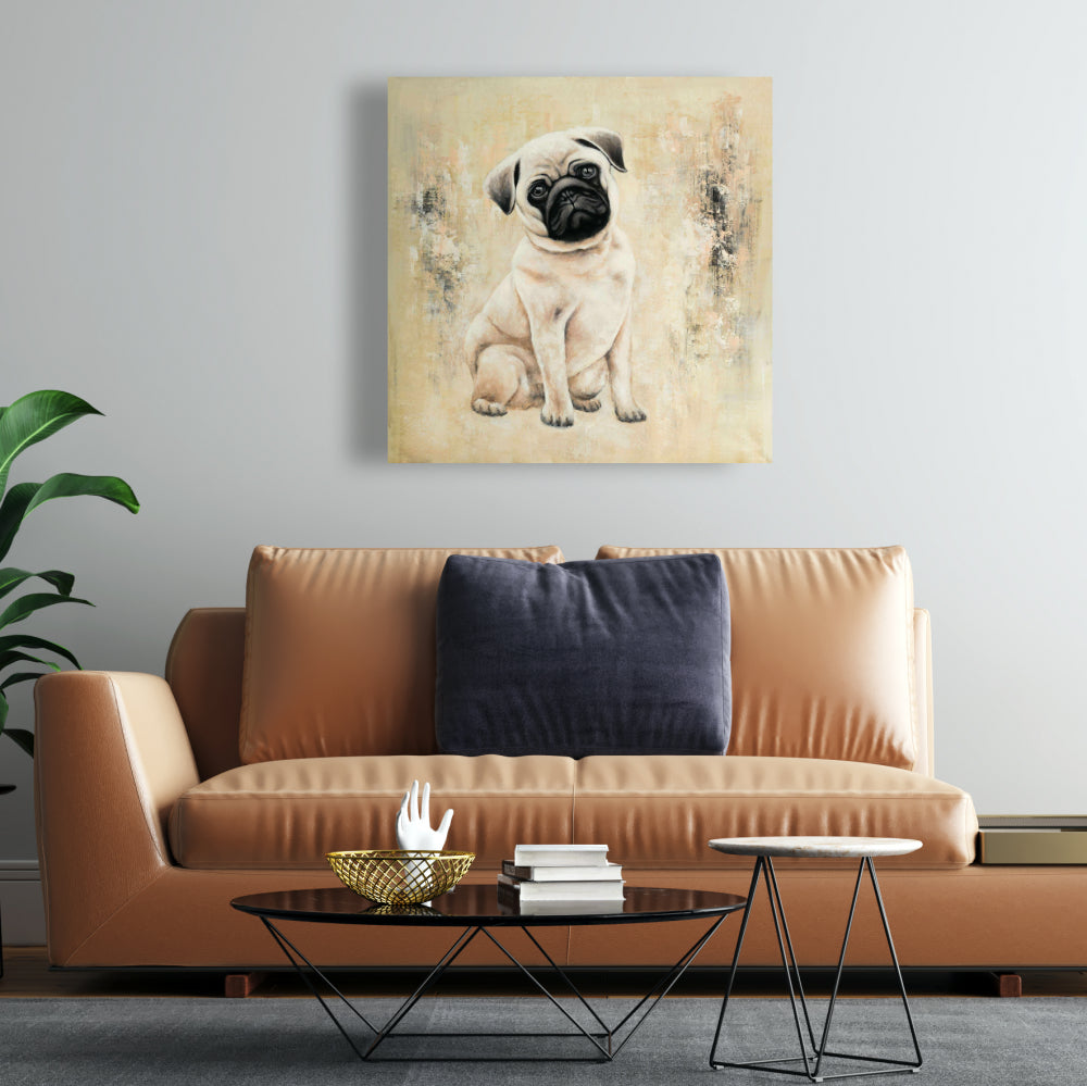 Small Pug Dog Beige Canvas | Contemporary Animal Wall Art
