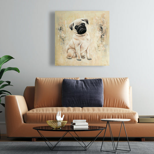 Toile beige représentant un petit carlin | Décoration murale contemporaine animalière