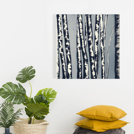 Toile abstraite de forêt de bouleaux – Décoration murale de bureau bleue