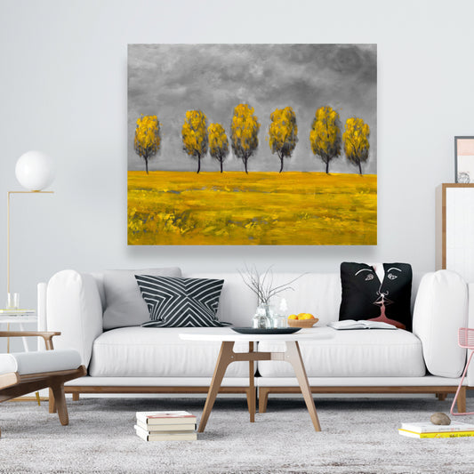 Toile représentant des arbres jaunes dans un champ – Décoration murale moderne pour chambre à coucher