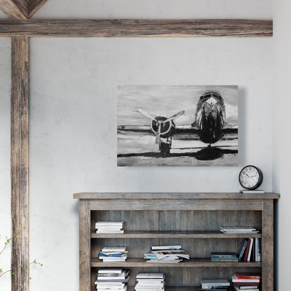 Grayscale Plane Industrial Canvas | Living Room Decor Art