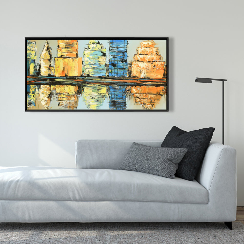 Toile encadrée bleue contemporaine « Villes » | Art abstrait coloré
