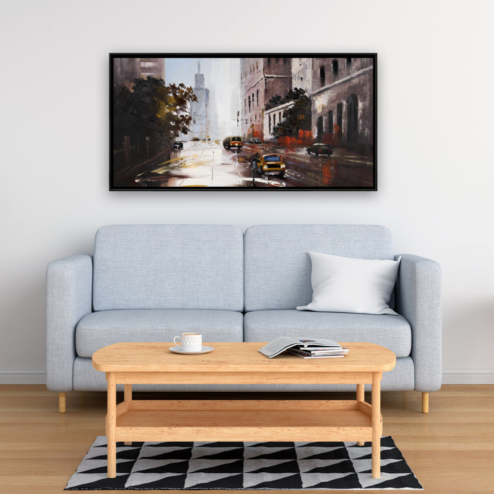 Toile « Scène de rue matinale » | Cadre marron | Décoration contemporaine