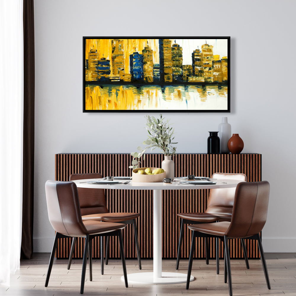 Toile abstraite jaune avec gratte-ciels - Cadre bleu | Décoration moderne