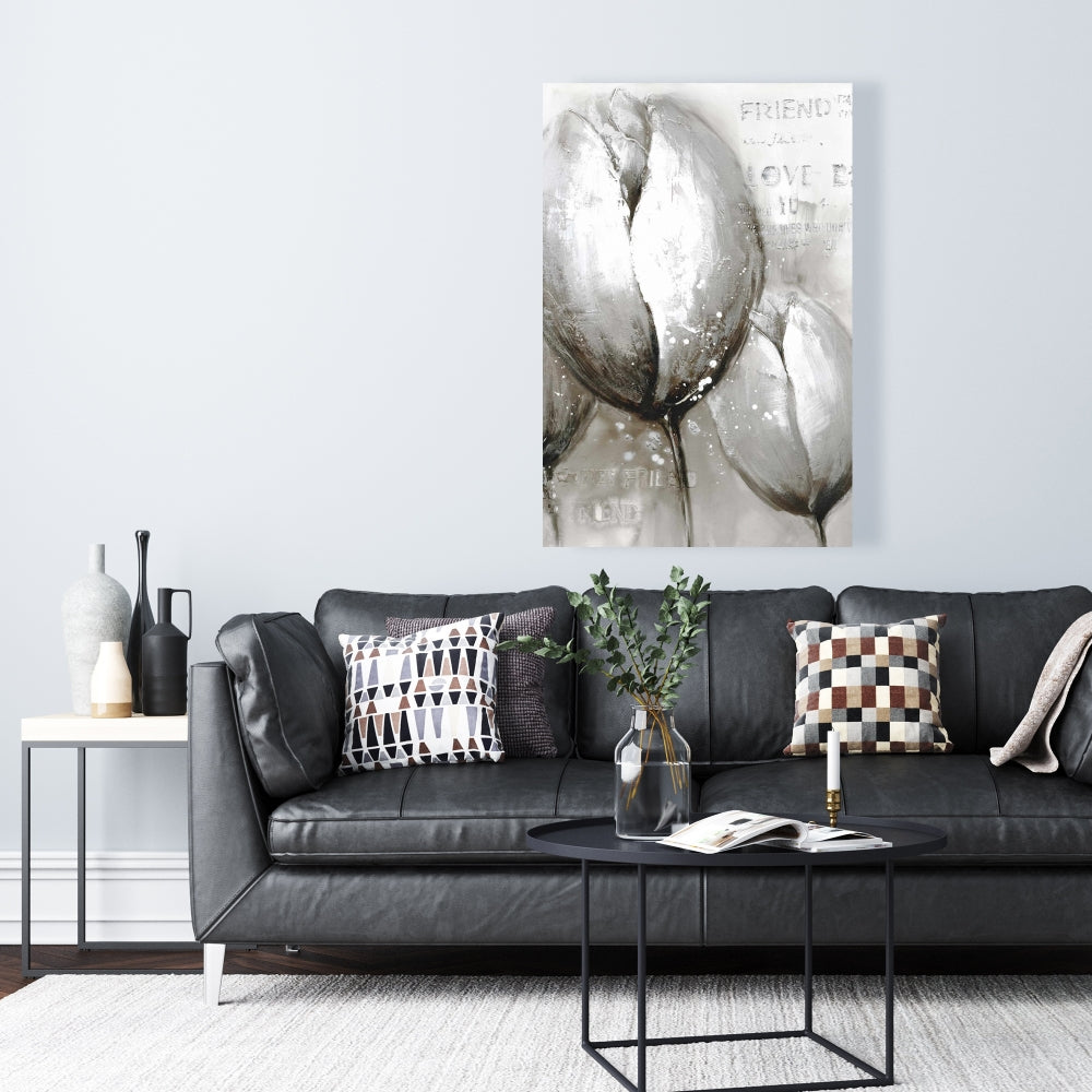 Gray Botanical Canvas - Three White Tulips Living Room Decor