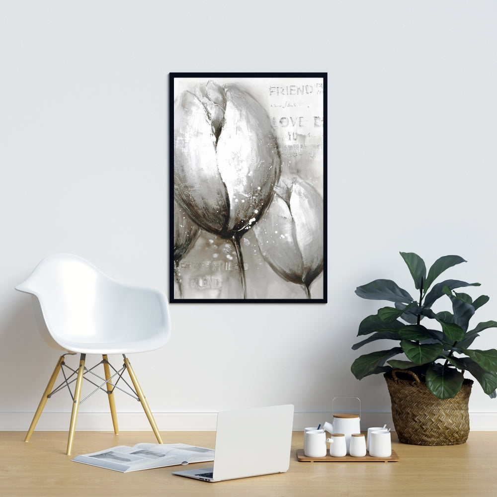 Trois tulipes blanches – Toile encadrée décorative florale botanique grise
