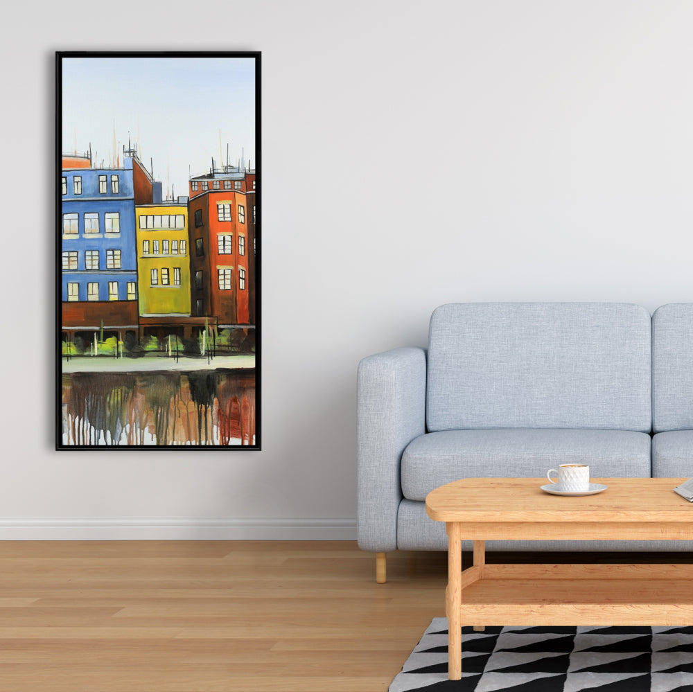 Toile représentant des bâtiments colorés de Boston - Décoration murale bleue pour chambre à coucher