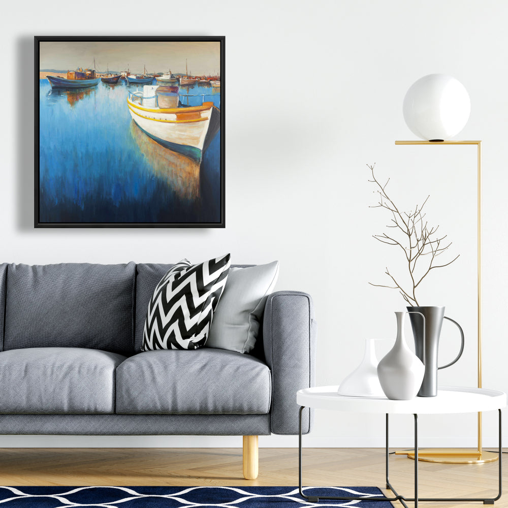 Fishing Boats at the Marina Canvas - Blue Framed Home Decor