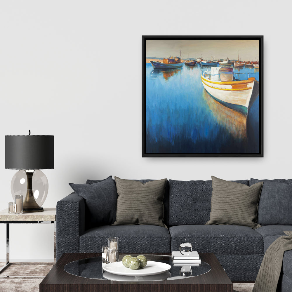 Fishing Boats at the Marina Canvas - Blue Framed Home Decor
