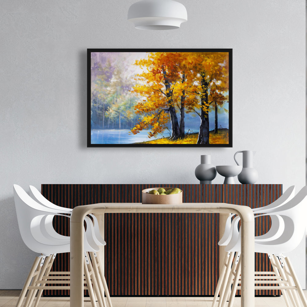 Two Trees by the Lake | Blue Framed Canvas | Home Decor