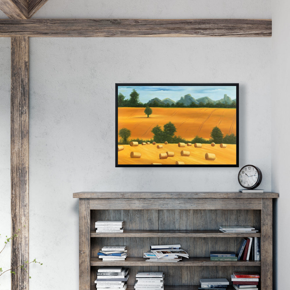 Rustic Hay Bale Fields Framed Canvas | Bedroom Home Decor