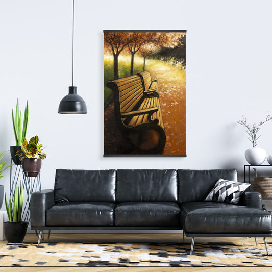 Banc de parc sur les arbres d'automne, toile décorative marron pour chambre à coucher