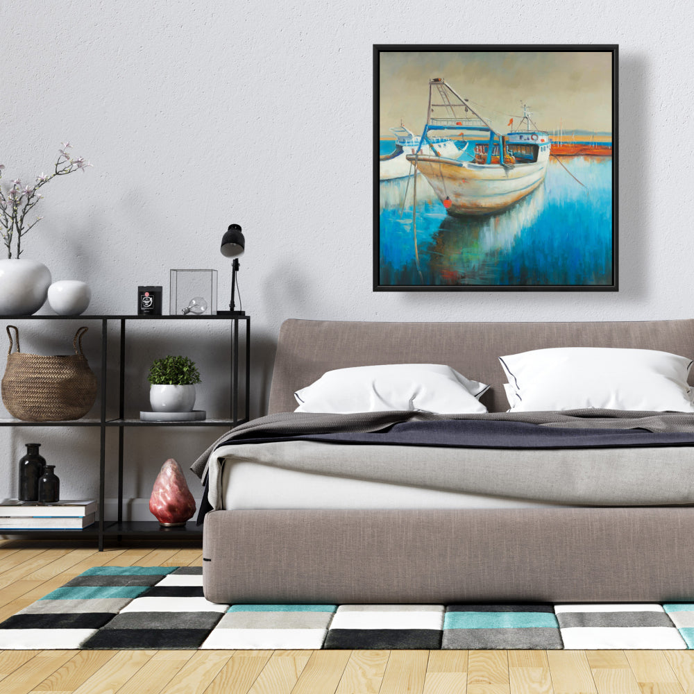 Fishing Boat Canvas | Blue Framed Art for Hobbies Bedroom