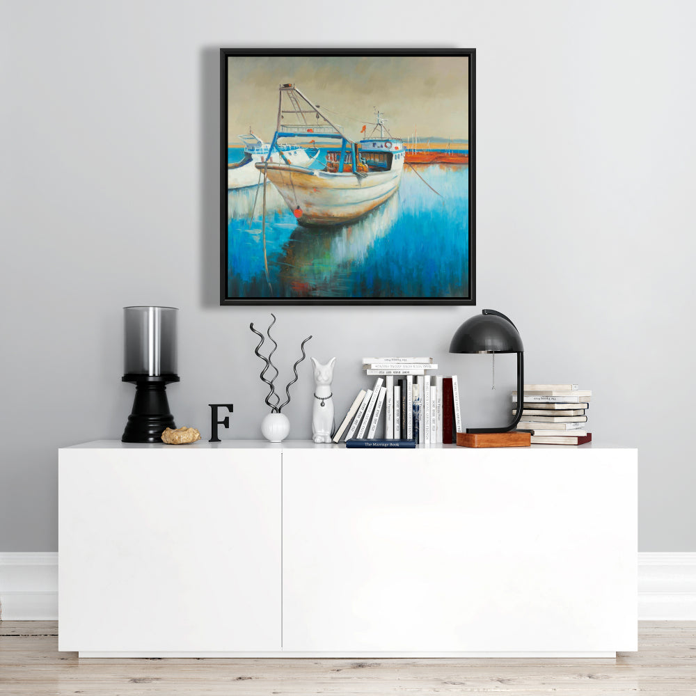 Fishing Boat Canvas | Blue Framed Art for Hobbies Bedroom