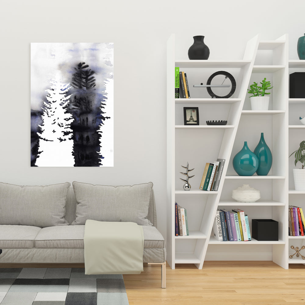 Toile de chambre bleue – Silhouettes d'arbres, décoration murale