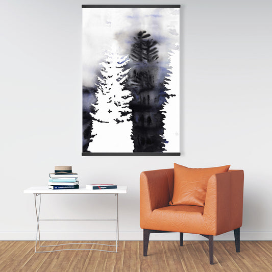 Toile magnétique Silhouettes d'arbres | Décoration paysage bleu