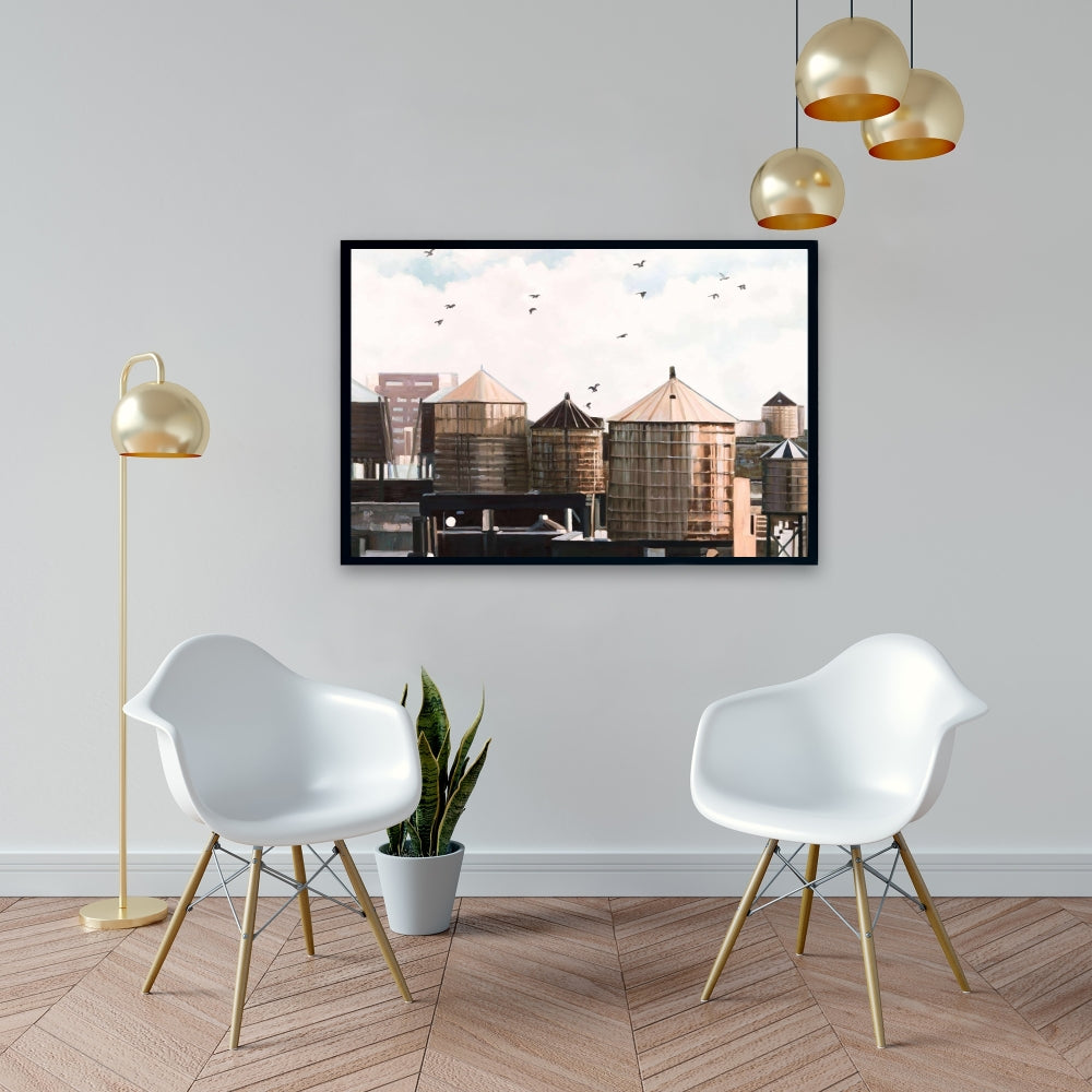 Water Towers | Blue Framed Canvas for Bedroom Decor