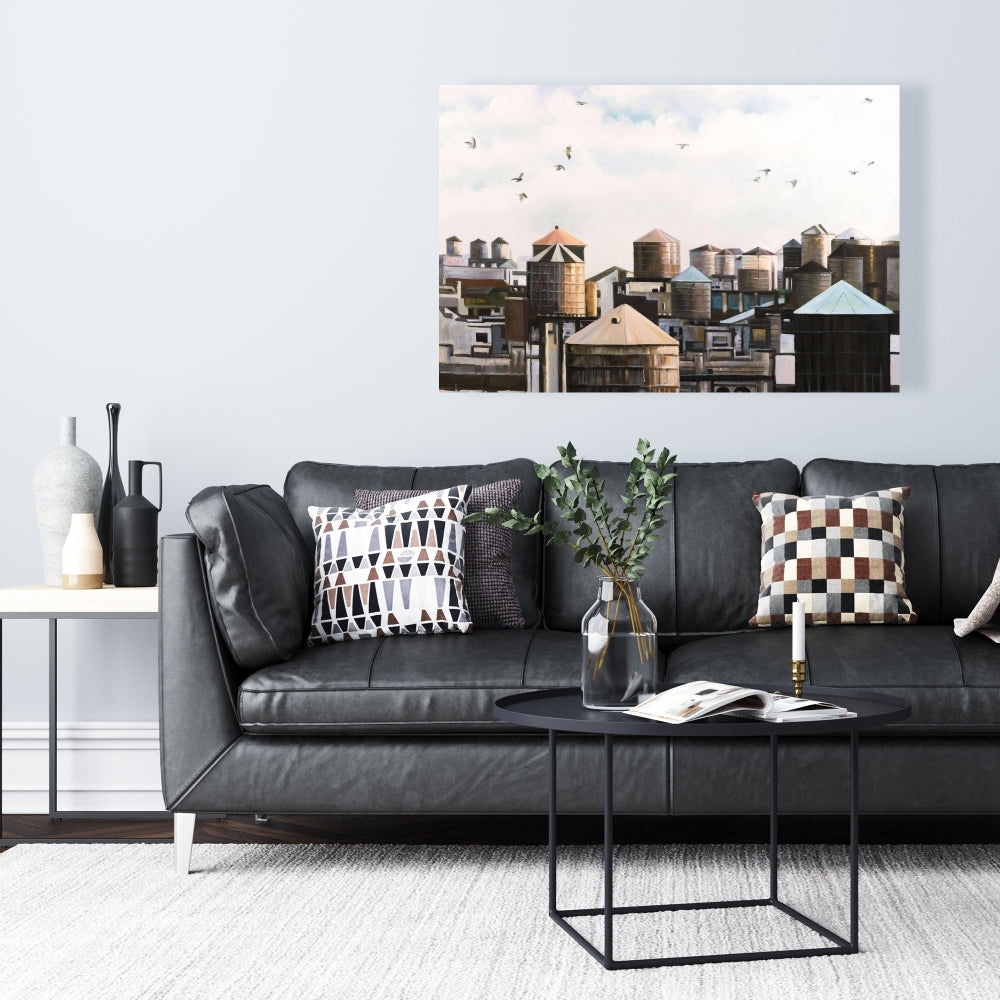 Water Towers with Birds Canvas | Modern Bedroom Wall Art Decor