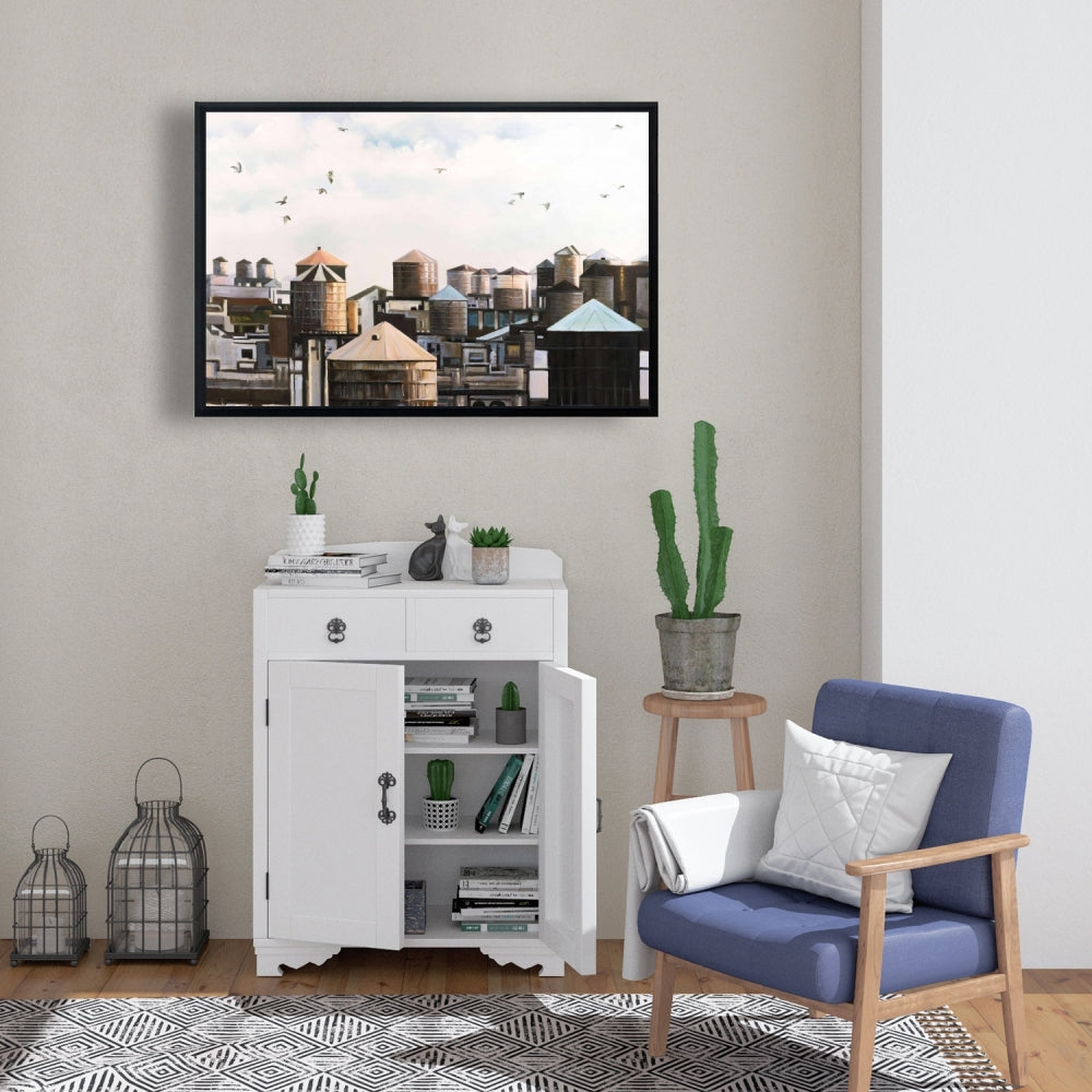 Blue Framed Canvas - Water Towers with Birds | Home Decor