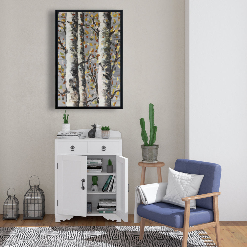 Blossoming Birches - Gray Framed Canvas for Home Decor