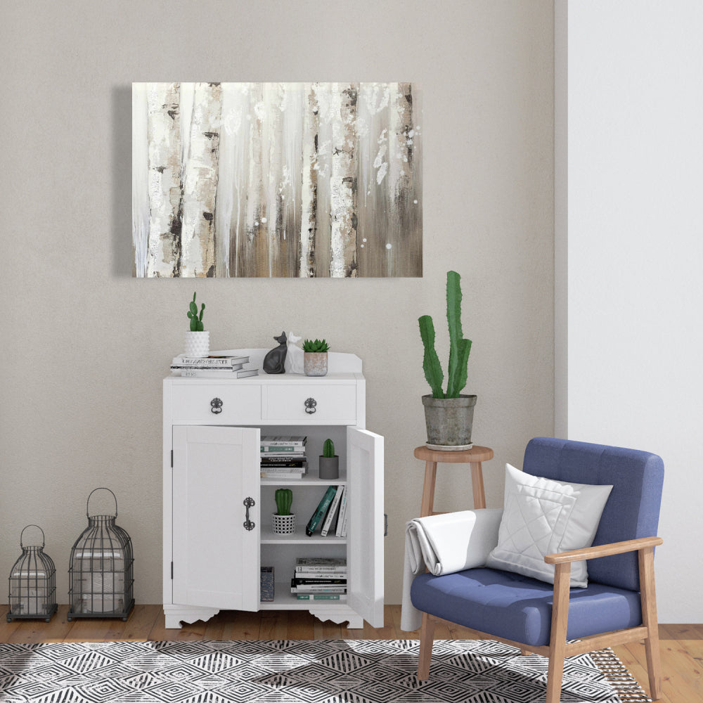 White Birches on Gray Canvas - Botanical Bedroom Wall Art
