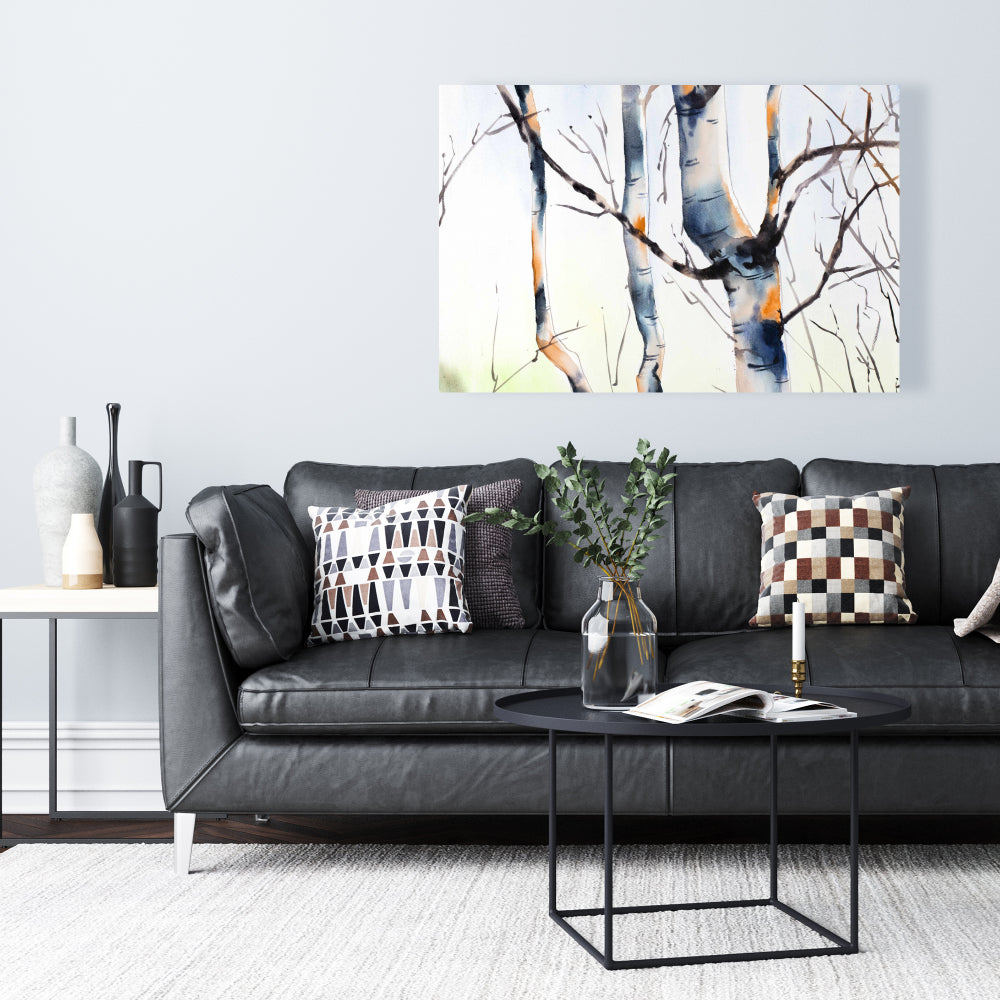 Three Small Birch Trees - Blue Landscape Canvas for Home Decor