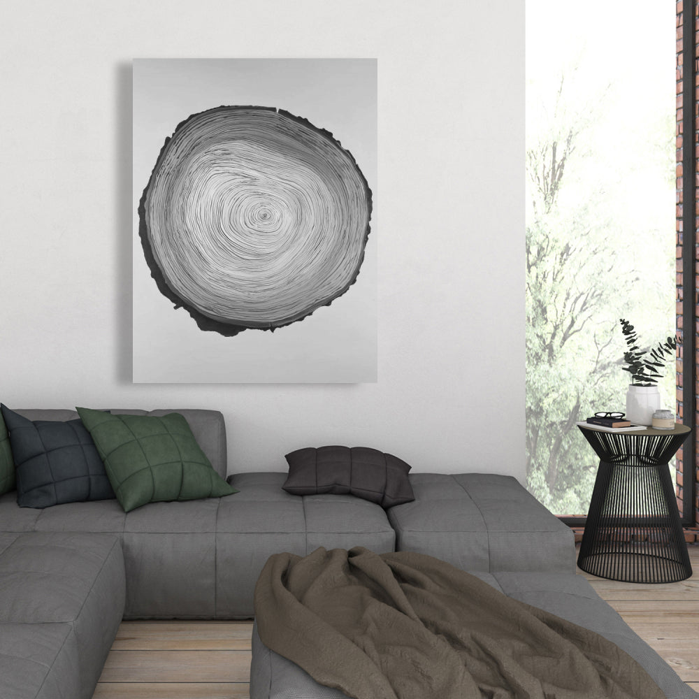 Grayscale Round Wood Log Gray Canvas - Monochrome Bedroom Decor