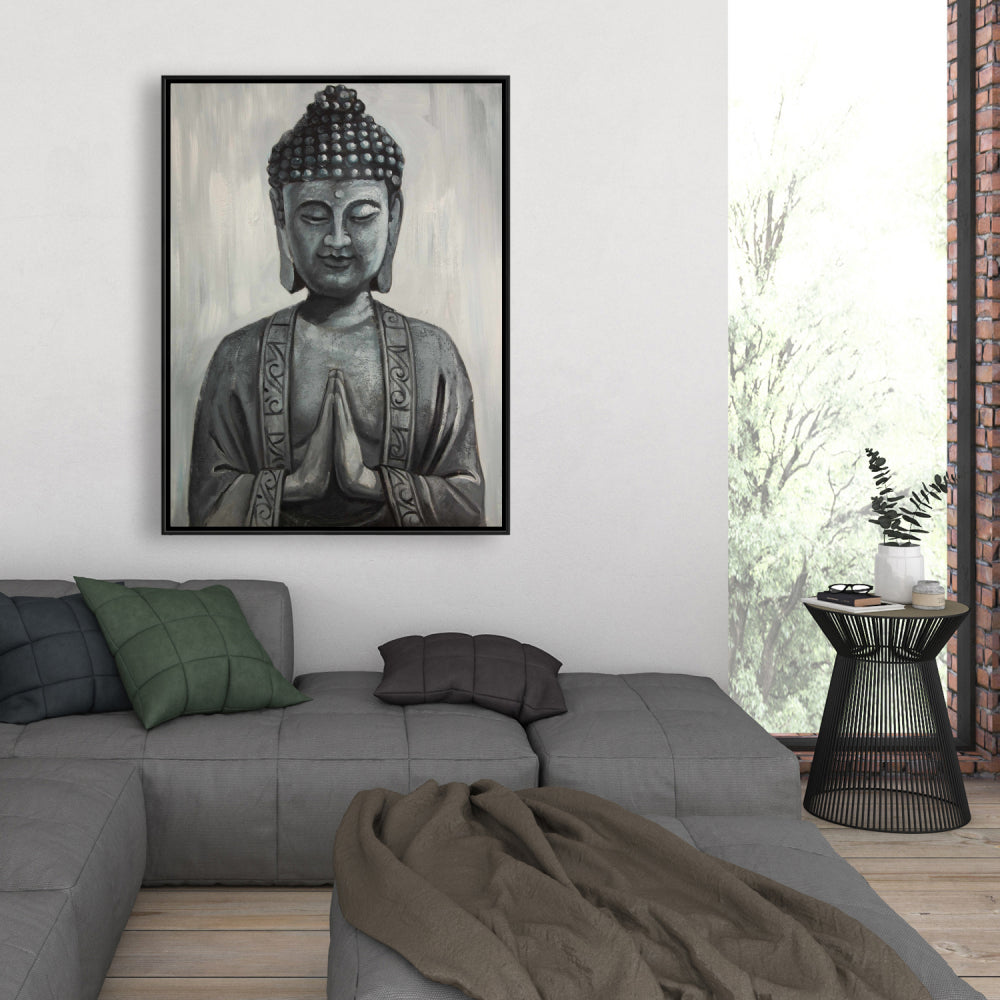 Gray Asian Framed Buddha Canvas | Elegant Bedroom Wall Art