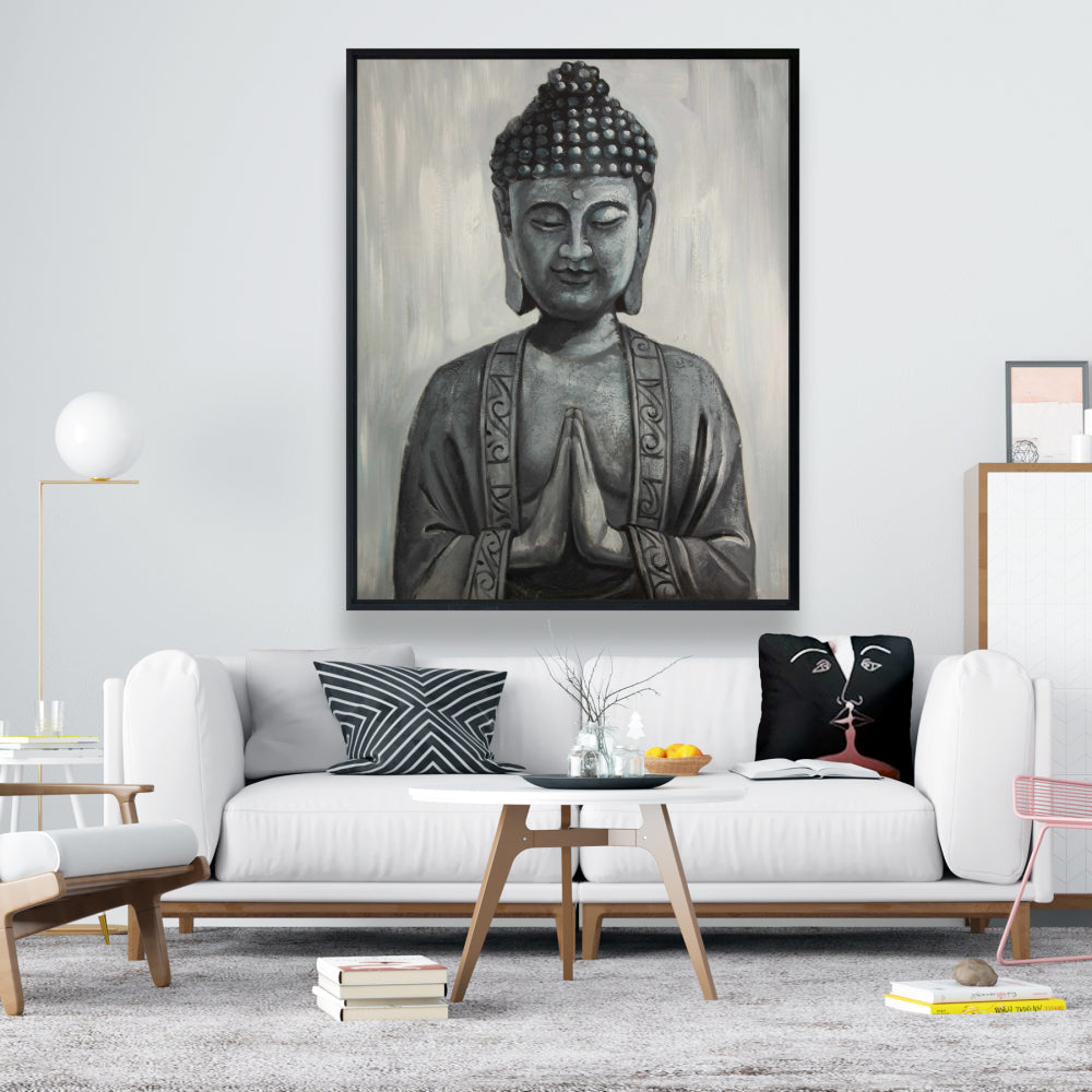 Gray Asian Framed Buddha Canvas | Elegant Bedroom Wall Art