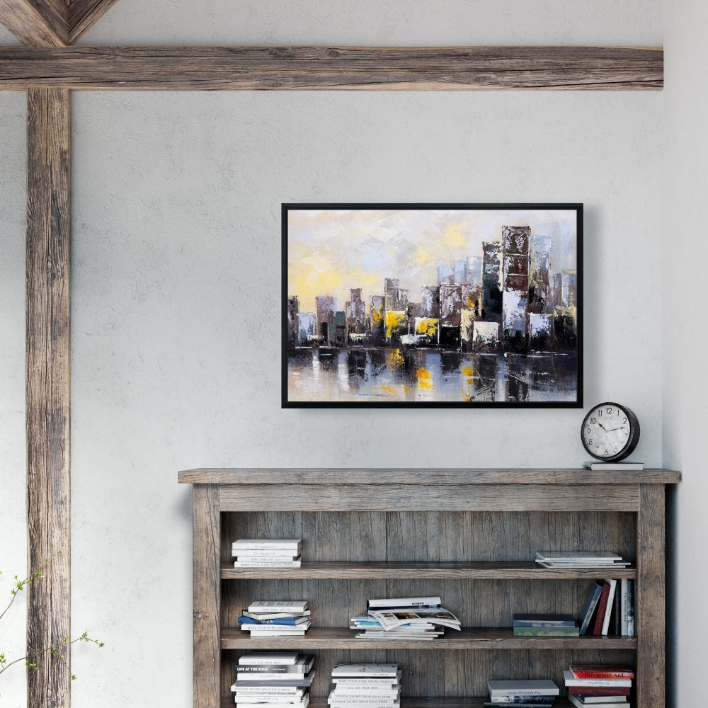 Toile de chambre à coucher avec un bâtiment jaune | Ville abstraite au matin