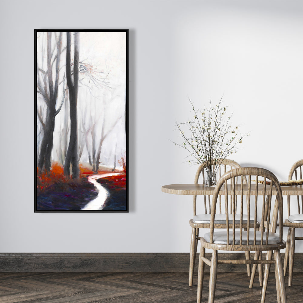 Mysterious Forest Stream Canvas | Gray Framed Trees Bedroom Decor