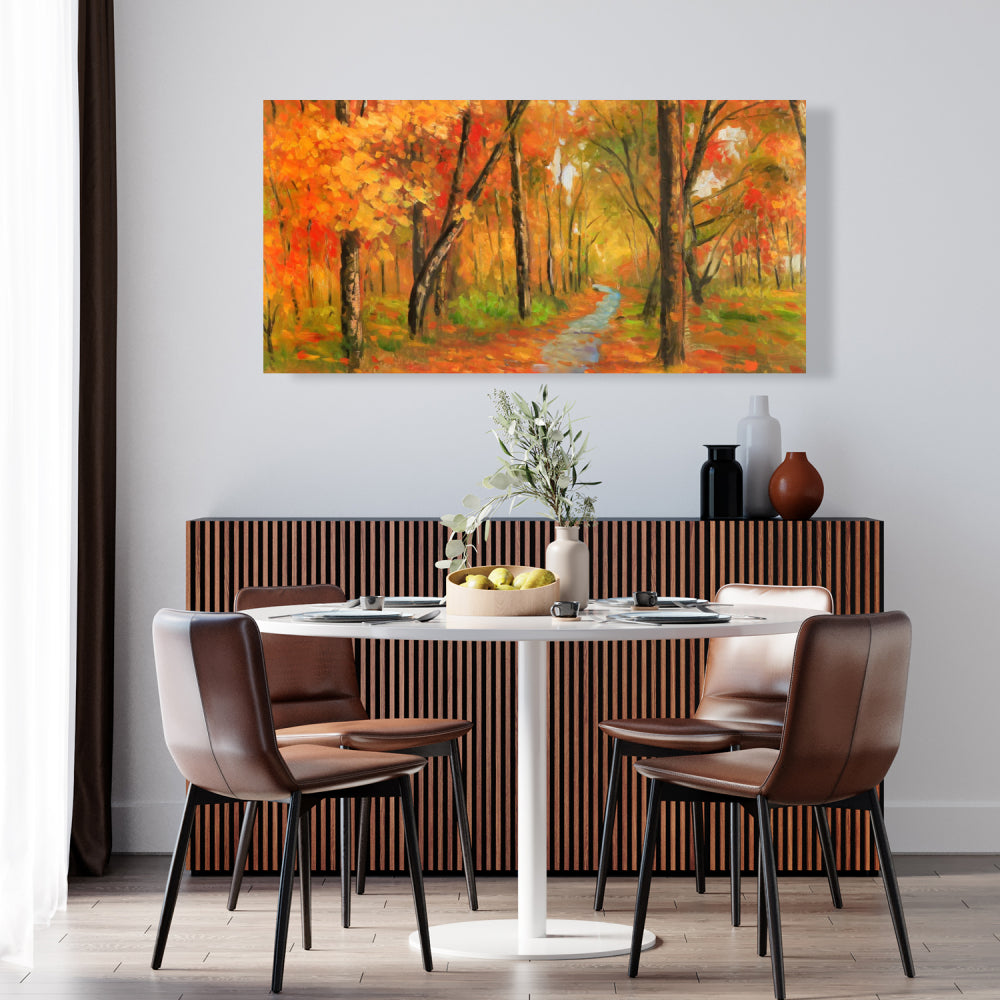 Autumn Trail in Forest Canvas | Orange Living Room Wall Art