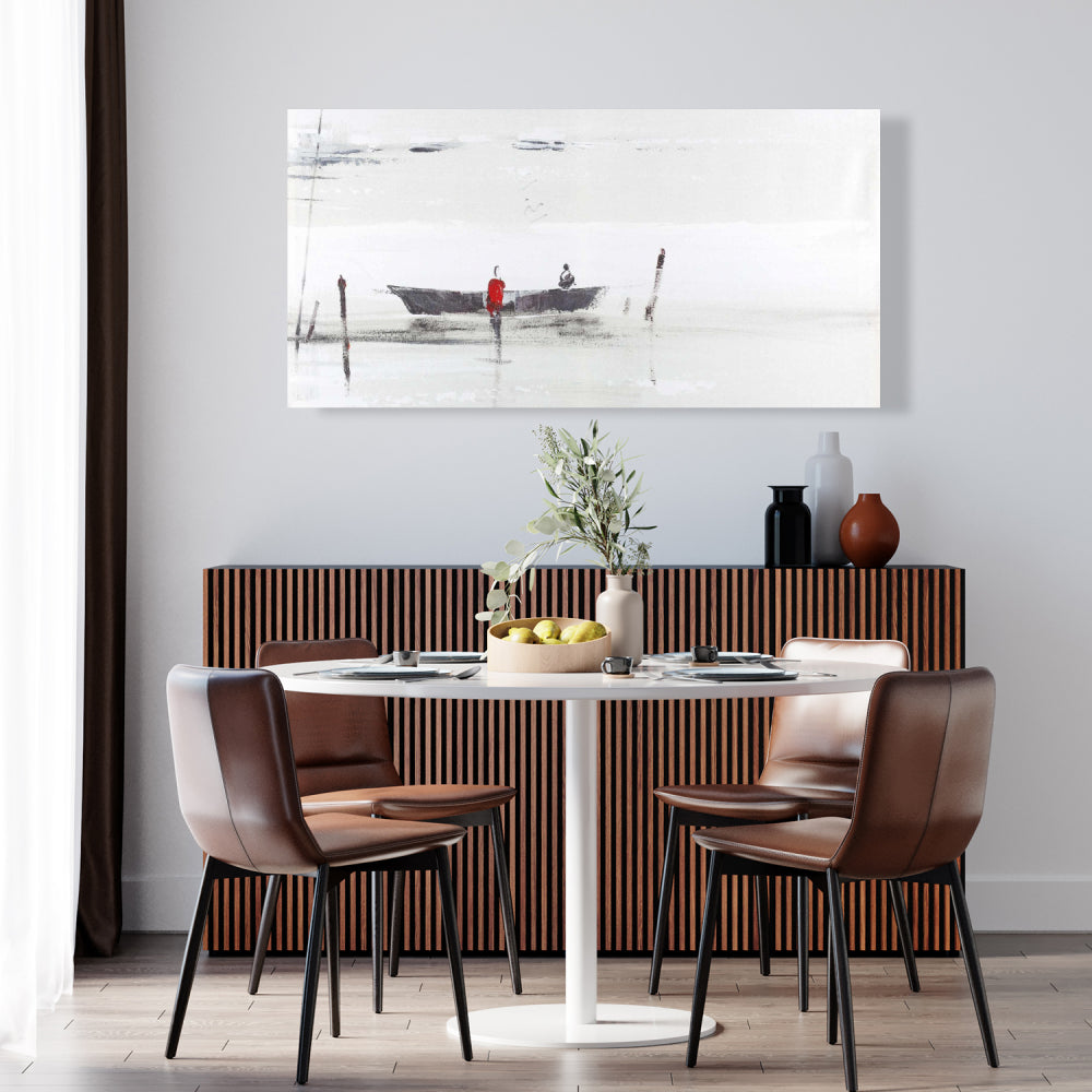 Toile minimaliste grise « Bateau sur un lac » | Décoration murale pour chambre