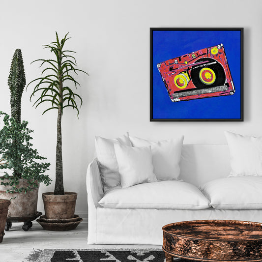 Toile avec lecteur de cassettes à cadre bleu - Décoration musicale pour chambre