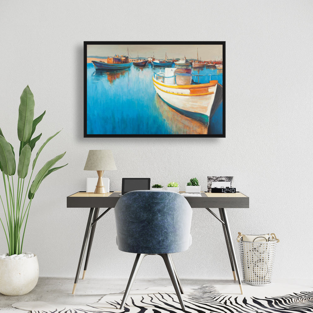 Fishing Boats at the Marina Canvas - Blue Framed Home Decor
