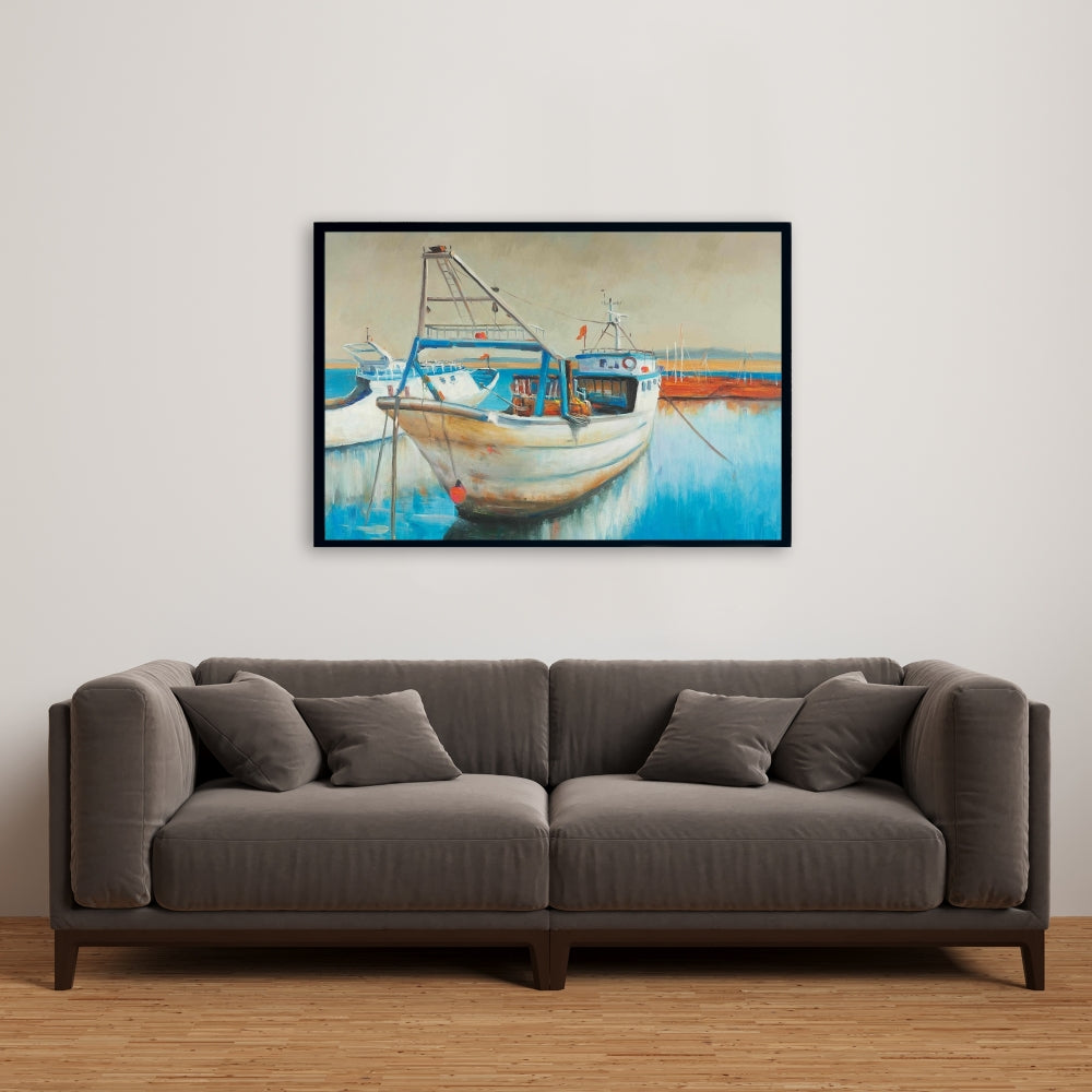 Fishing Boat Canvas | Blue Framed Art for Hobbies Bedroom