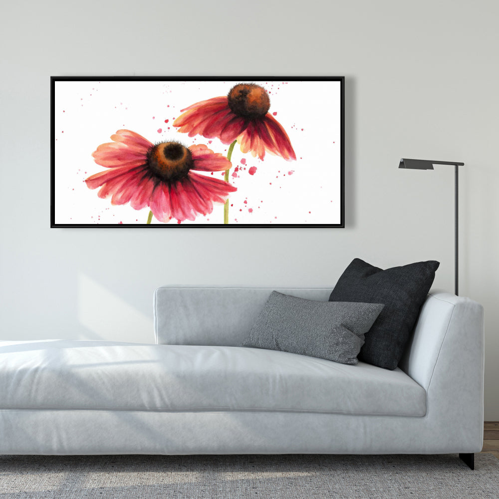 Toile florale « Deux marguerites roses » | Cadre marron pour décoration d'intérieur