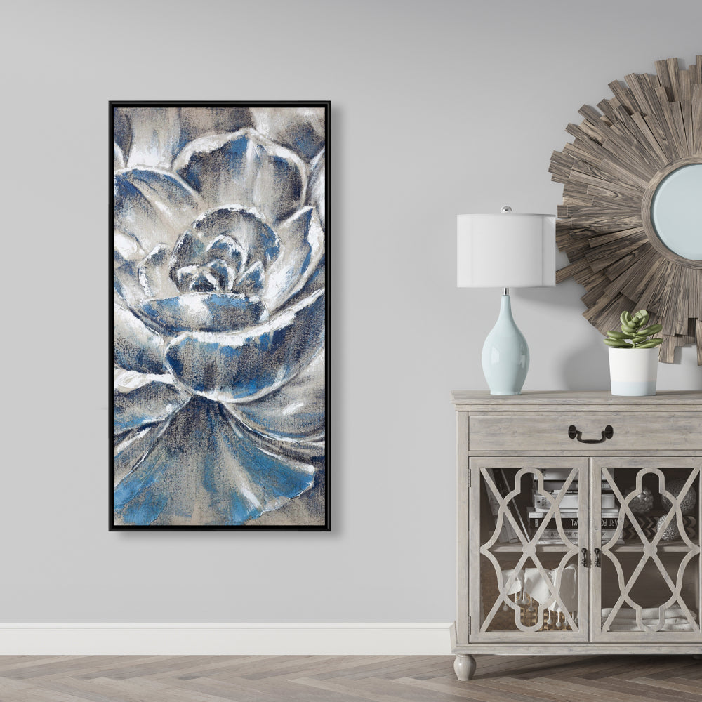 Toile encadrée à motif de fleurs botaniques bleues, grises et bleues, décoration d'intérieur
