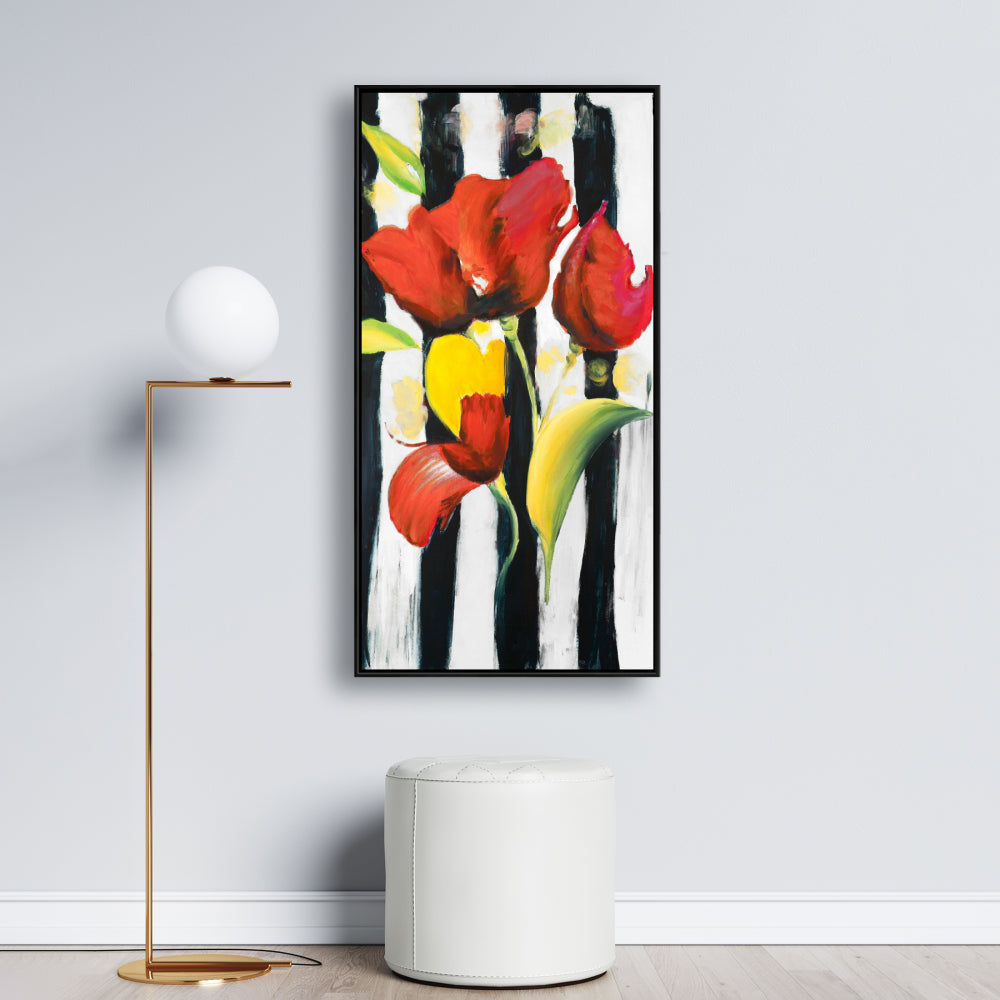 Toile à rayures et fleurs rouges | Décoration de chambre tendance bleue