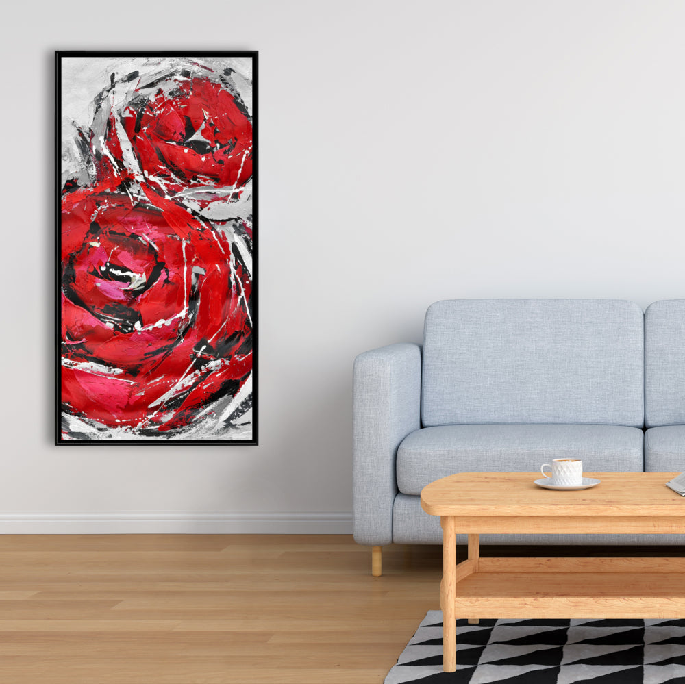 Toile botanique grise pour chambre à coucher | Décor abstrait de roses rouges
