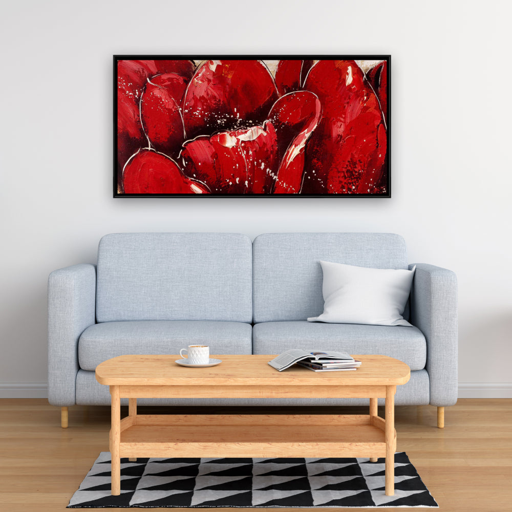 Toile encadrée « Gros plan de tulipes rouges » - Décoration murale florale pour chambre à coucher