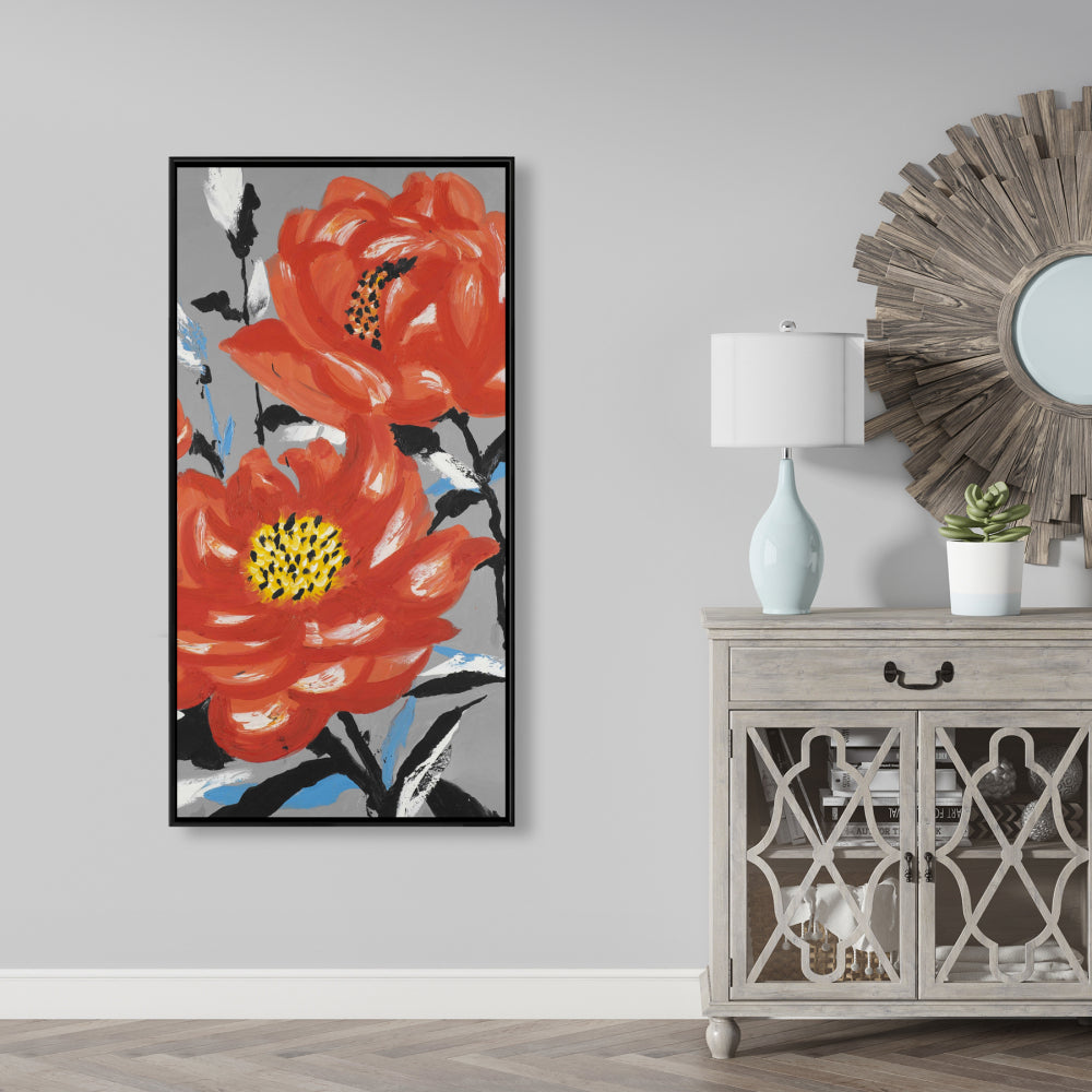 Gray Floral Canvas | Three Pink Flowers, Framed Wall Art