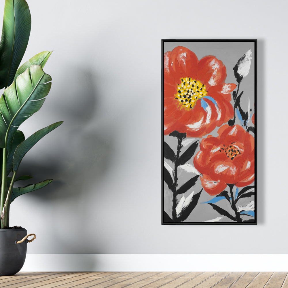 Pink Flowers, Blue Leaves Gray Botanical Canvas - Home Decor
