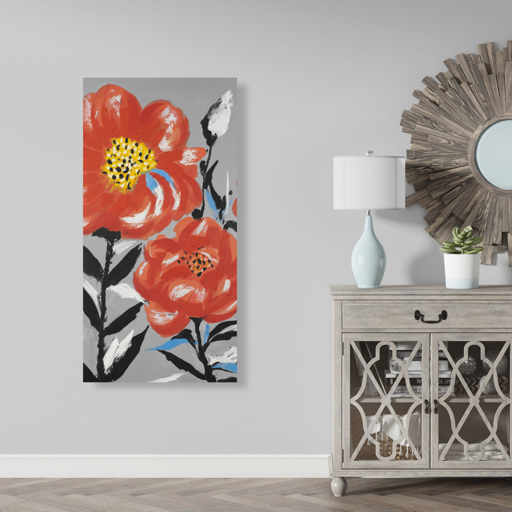 Botanical Gray Canvas - Pink Flowers with Blue Leaves Decor